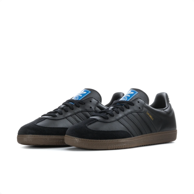 Adidas Samba Black Low-Top Sneakers with Gum Sole & Blue Tongue Labels