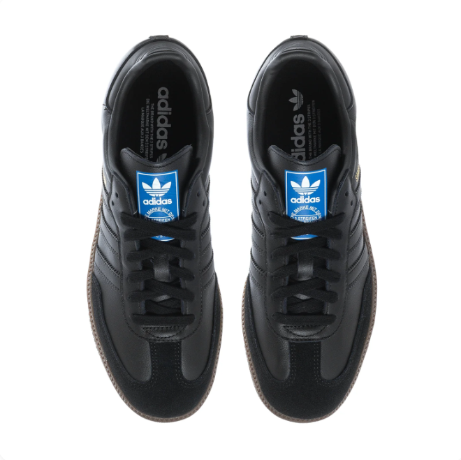 Adidas Samba Black Low-Top Sneakers with Gum Sole & Blue Tongue Labels