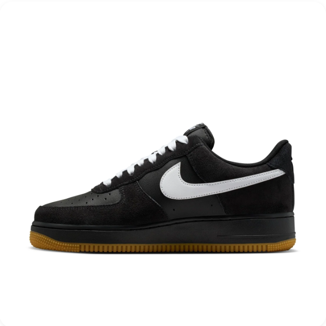 Nike Air Force 1 Black Sneakers with White Swoosh & Gum Sole