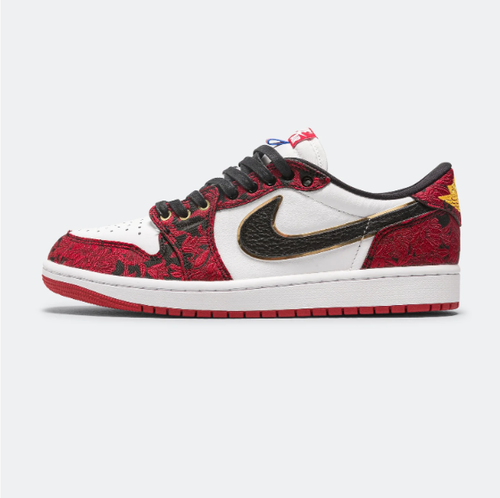 Jordan Red & White Low-Top Sneakers with Patterned Overlays